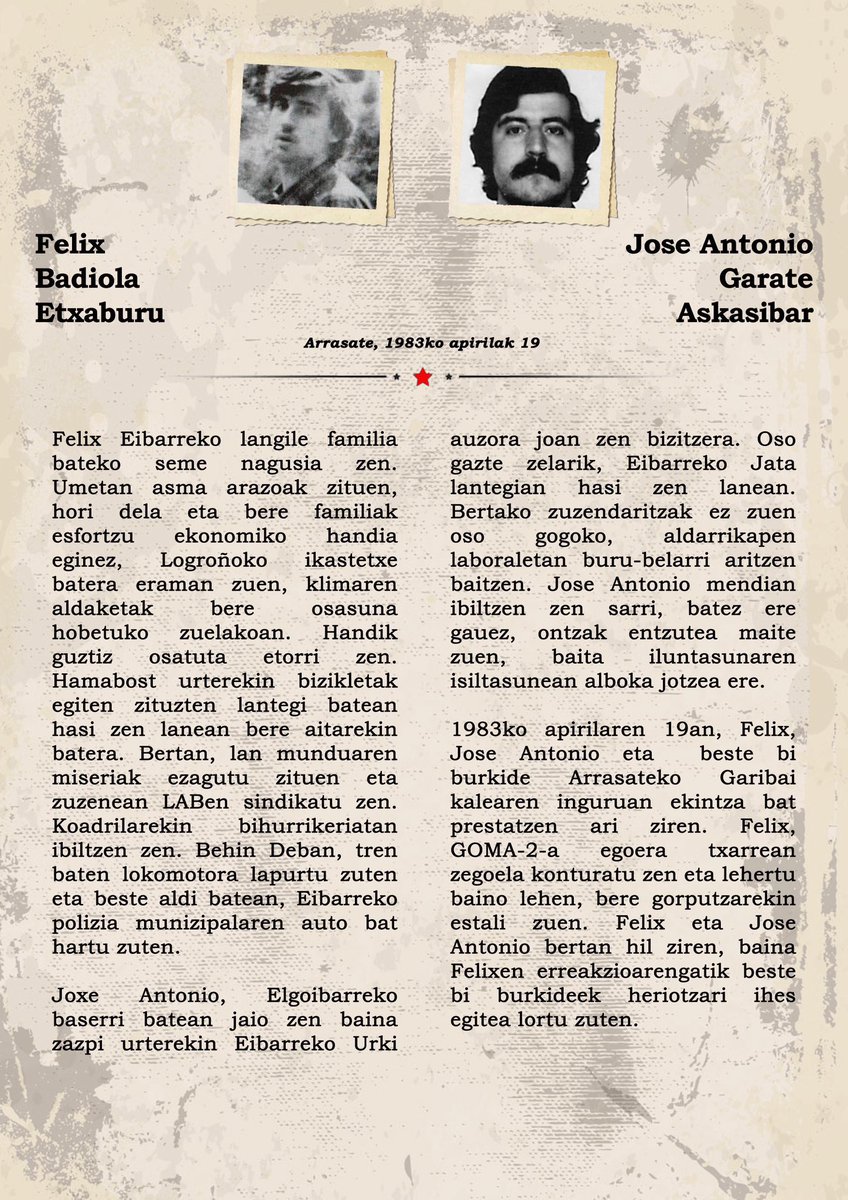 SortuArrasate's tweet photo. ▶️ 1983-04-19

Gaurko egunez duela 4️⃣3️⃣ urte ETAko kide Jose Antonio Garate Askasibar eta Felix Badiola Etxaburu eibartarrak hil ziren Arrasaten, lehergailu bat prestatzen ari zirenean.

#Memoria
#Arrasate https://t.co/cSasNybVmF