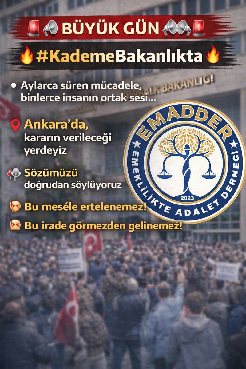 ErenVural1234's tweet photo. 🚨📣 BÜYÜK GÜN 📣🚨
🔥 #KademeBakanlıkta 🔥

Aylarca süren mücadele, binlerce insanın ortak sesi…
Bugün artık bekleme yok❗️

📍 Ankara’da, kararın verileceği yerdeyiz
📢 Sözümüzü doğrudan söylüyoruz

✊ Bu mesele ertelenemez❗️
✊ Bu irade görmezden gelinemez‼️

@EmadDernegi
#KademeBakanlıkta