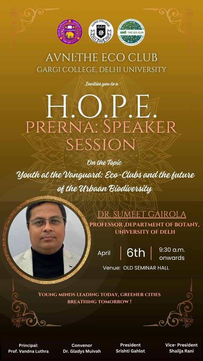 Sumeet_Gairola's tweet photo. Honoured to deliver the Prerna speaker session at AVNI – The Eco Club, Gargi College, on “Youth at the Vanguard: Eco-Clubs and the Future of Urban Biodiversity.” Inspiring to see young minds driving change for greener cities. 🌿 #EcoClubs #YouthForChange
https://t.co/MXfyIus1xz https://t.co/CPU92zpxuS