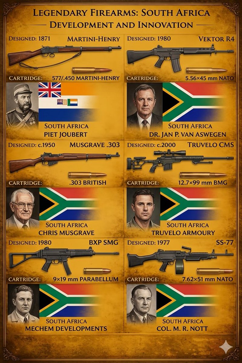 Lolita721611021's tweet image. 🇿🇦What an incredible look at the legendary firearms developed in South Africa! From historical designs to modern innovations, it's fascinating to see the evolution. So much history in one image. 
#Firearms #SouthAfrica