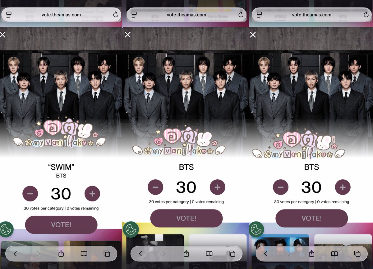 AMAs ตัดรอบแล้ว อย่าลืมโหวตด้วยนะ 
AMAs ตัดรอบแล้ว อย่าลืมโหวตด้วยนะ 
AMAs ตัดรอบแล้ว อย่าลืมโหวตด้วยนะ 
AMAs ตัดรอบแล้ว อย่าลืมโหวตด้วยนะ 
AMAs ตัดรอบแล้ว อย่าลืมโหวตด้วยนะ 

วิธีโหวต🏊🏼‍♀️🪄 

จิ้มลิงก์ vote.theamas.com > ล็อคอินเมล > เลือกสาขาที่ BTS เข้าชิง (Artist of the