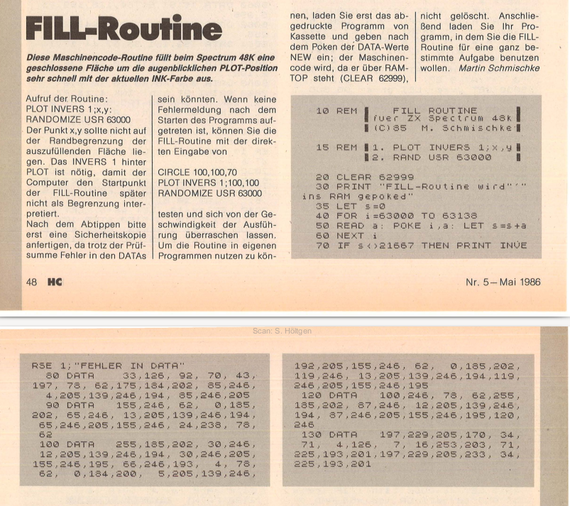 Retrojournal_de's tweet photo. Fill-Routine abtippen… und hoffen, dass kein Fehler drin ist 😅Maschinencode + DATA-Zeilen – und am Ende füllt der Spectrum einfach Flächen wie von Zauberhand.Heute ein Klick… damals ein Abend Arbeit 💾#ZXspectrum #RetroCoding #Listing #RetroJournal https://t.co/LERjxt3vkS