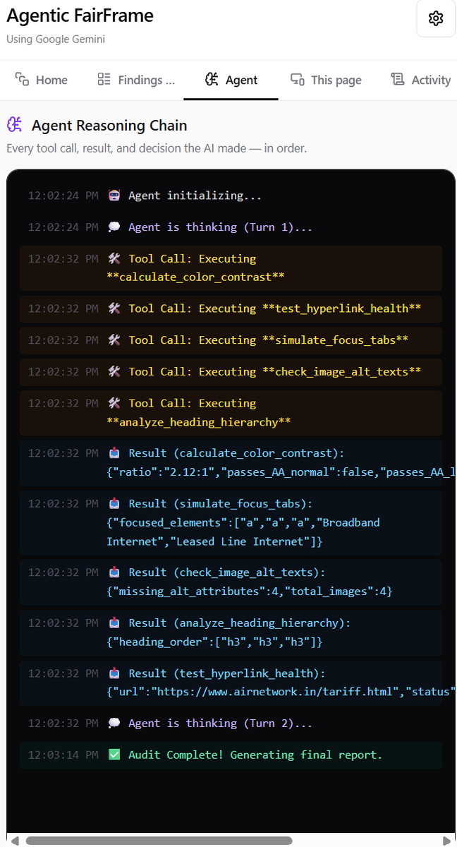 saitej786's tweet image. Built Agentic FairFrame :an autonomous AI agent for Chrome that acts as a real-time QA &amp;amp; Design Critic.
It uses a multi-turn agentic loop and parallel tool execution right in your side panel. 🧠⚡️

thanks to @rohan_sravan for the amazing lessons

#AgenticAI #ChromeExtension #TSAI