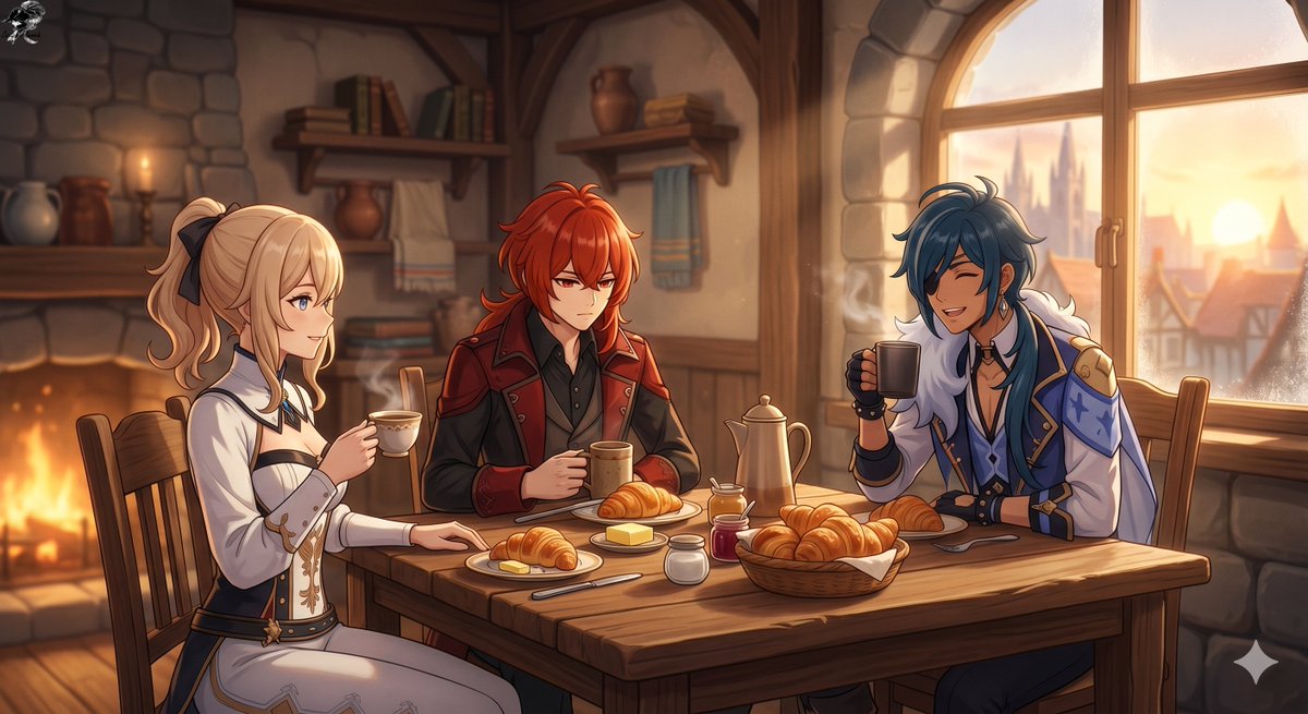 CaptainAlberich's tweet image. #Diluc, #Jean and #Kaeya are enjoying a nice Fontainian breakfast. Having such good diplomatic relationships to Fontaine pays off!