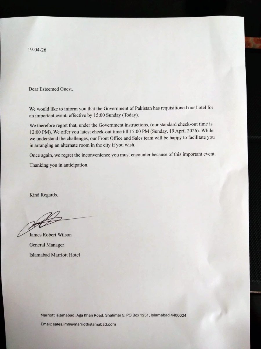 taahir_khan's tweet image. #IranUS talks: Although no official word about the possible Iran-U.S. talks, #Islamabad’s two main hotels have started evacuating guests. #Marriott Hotel’s notice is posted here while the #Serena hotel issued the following to those who have offices in Serena.

“Good morning dear