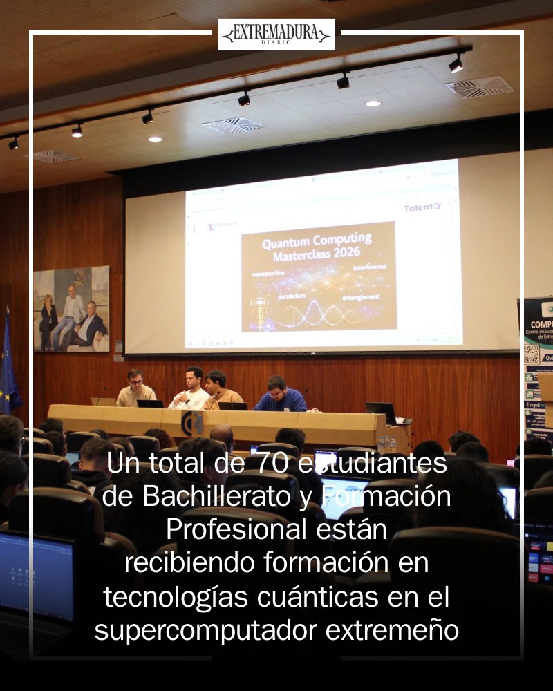 ExDiarioCom's tweet image. 🌟 ¡El futuro ya está aquí! Más de 70 estudiantes se sumergen en el mundo de la computación cuántica en un masterclass internacional en el Centro de Supercomputación de Extremadura. ¡Un paso hacia la innovación! 💻✨ #ComputaciónCuántica #Educación mrf.lu/HfH7