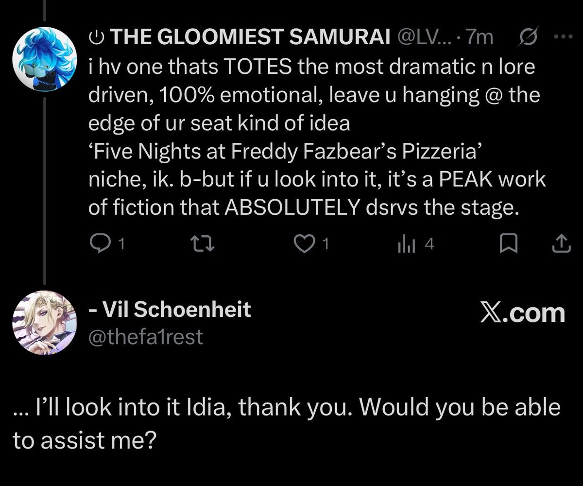 LVL100SHR0UD's tweet photo. 🌀 ♯𝐆𝐋𝐎𝐎𝐌𝐔𝐑𝐀𝐈 𝚒𝚜 𝚝𝚢𝚙𝚒𝚗𝚐 . . .
↳ I knew I was a genius but smtimes my intellect surprises even ME.
WATCH OUT nrc
we’re gnna get THE MOST important event in the entirety of the 500+ yrs the sch has been STANDING. do NOT miss it.
#FNAF #LetsGetThisBread https://t.co/UuMx0Zhnlr