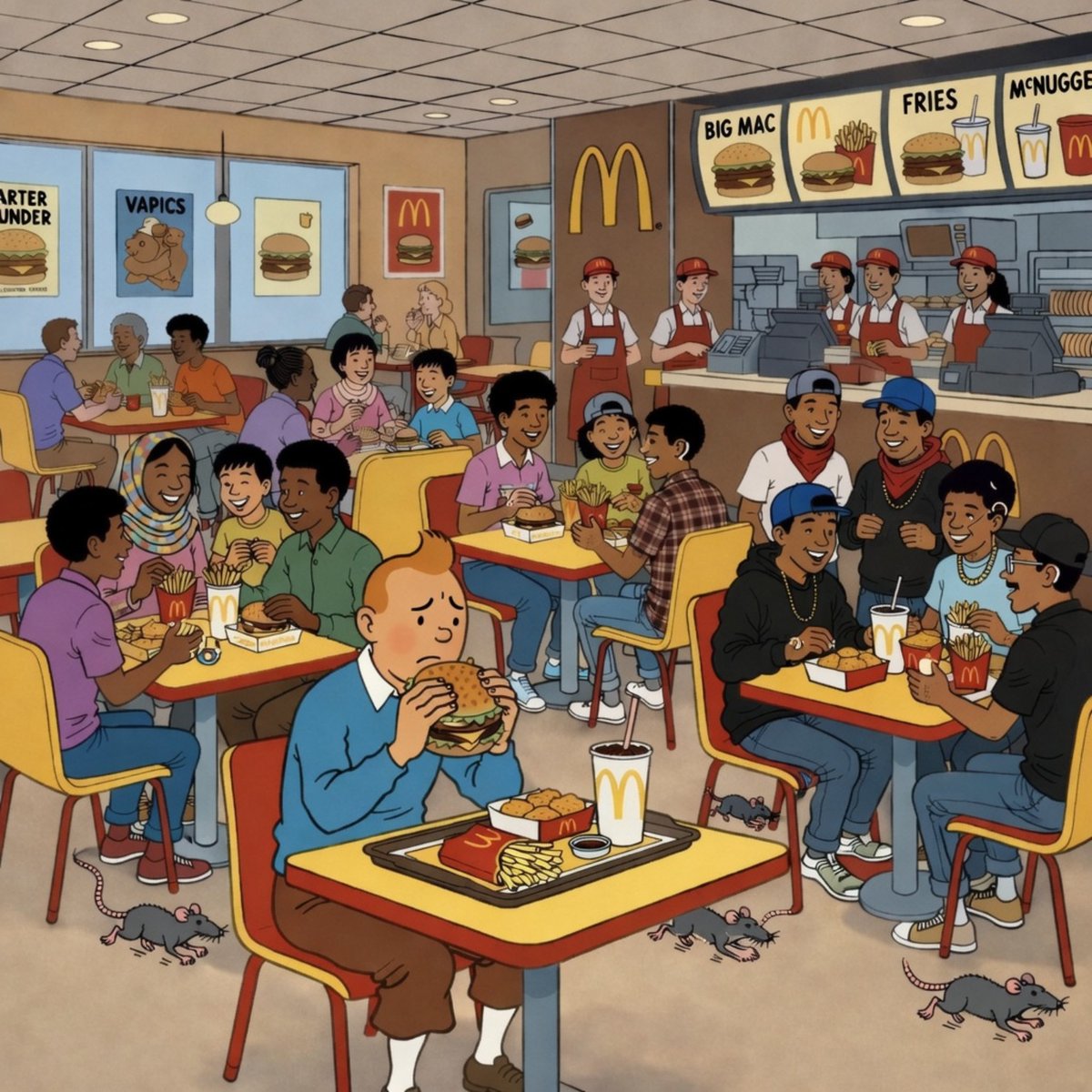 Tintín en un MacDonalds de cualquier ciudad de España.