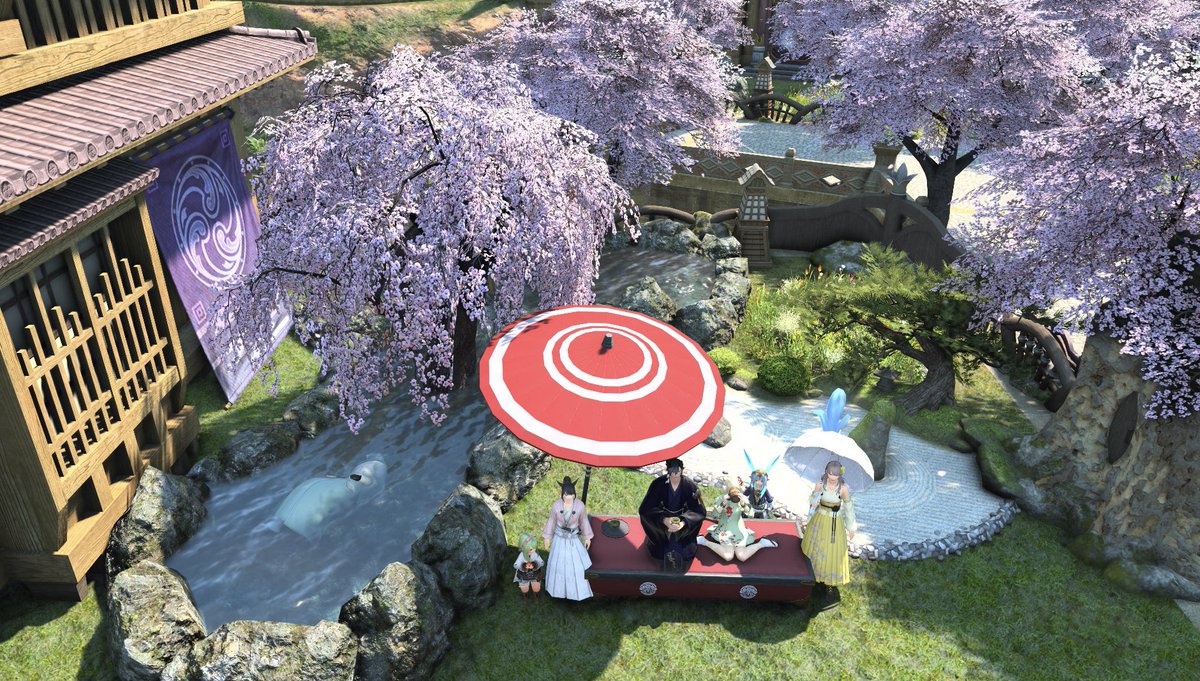 Tukishiro_FF14's tweet image. LSのみんなとお花見に出かけました
エオルゼアの桜もまた良いですね🌸
#FF14  #HeartBreak #ハトブレ
 #ゼロムス並木道