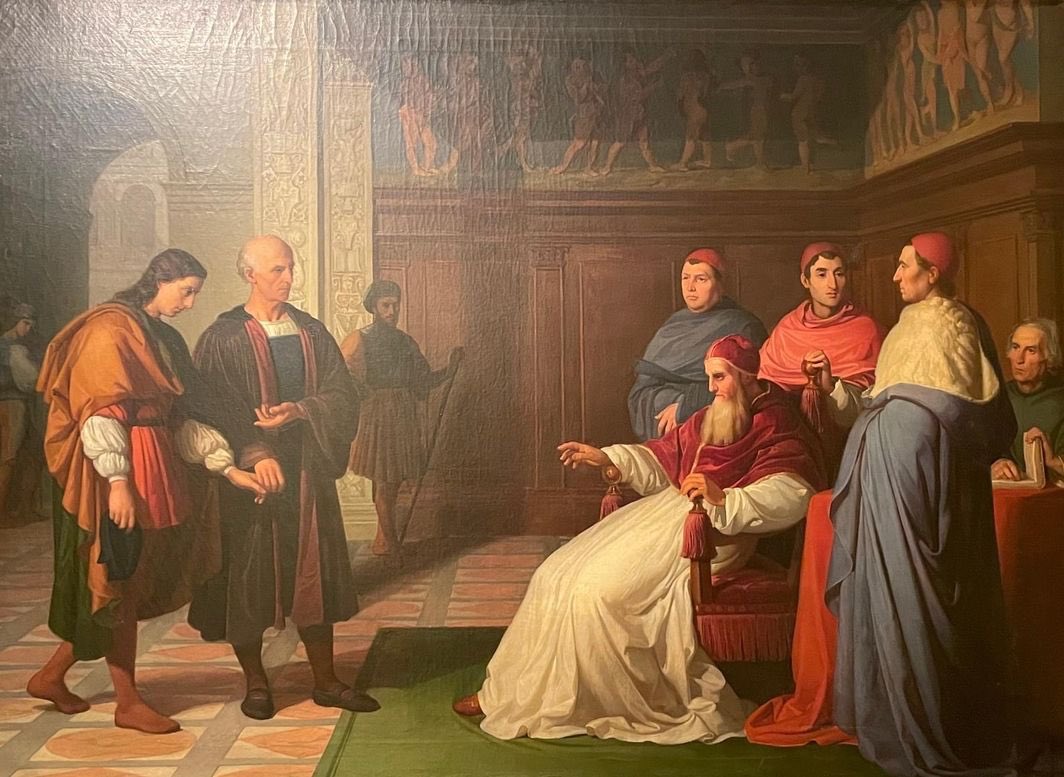 7vQGHKzFE03FoD6's tweet image. Daily #raphael 
Bramante presenting Raphael to Julius II 
By Angelo Visconti