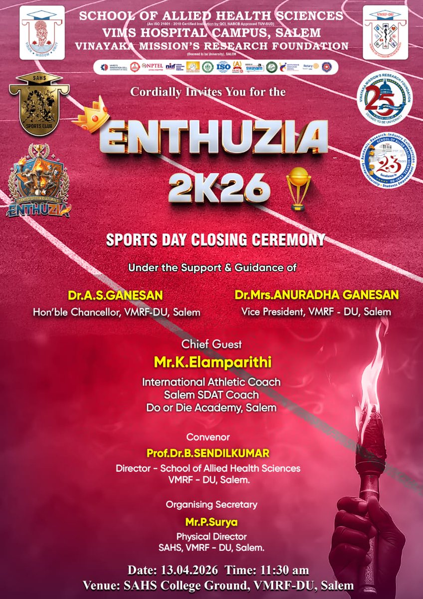 sahsvmrfsalem's tweet image. SAHS VMRF-DU 
Sports club, SAHS, VMRF (DU), Salem, organized the Sports day closing ceremony on 13.4.2026  at college campus. 

#sportsevent 
#sportsdaycelebrations 
#sportsmeet2026
#overalltrophywinner
#overallsports 
#runner #winner