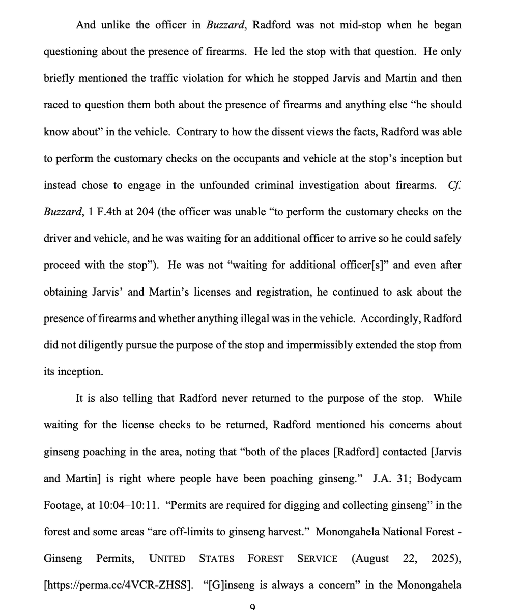 Officer initiates traffic stop b/c car was stopped on 1-lane bridge. Asks about guns in the car, and both driver &amp; passenger say they have guns. Officer retrieves the guns. Turns out, passenger has a felony. CA4, 2-1: Asking about the gun was not permitted, gun is suppressed. #N