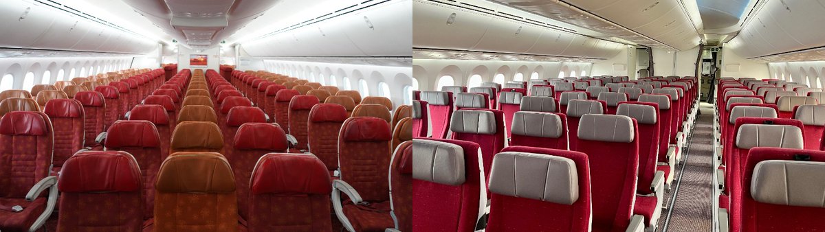 Vinamralongani's tweet image. Before vs after: the @airindia B787-8 retrofit.
Out with the old seats, cabins, legacy (read broken) IFE and livery.
In with new seats, state of the art IFE, fresh carpets, curtains and Wi-Fi.
Huge credit to @SisiraKantDash and the Air India team for a job well done.
#AvGeek