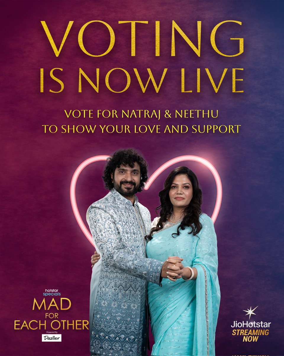 JioHotstarTel_'s tweet photo. Real moments, real connection 💗
Vote Natraj & Neethu and show your support 

Here’s how you can be part of Natraj & Neethu’s MAD journey: 

1) Open the JioHotstar app
2) Search & open Mad for Each Other
3) Click on Vote
4) Vote for Natraj & Neethu 

#MadForEachOther Streaming Now on JioHotstar! 💫