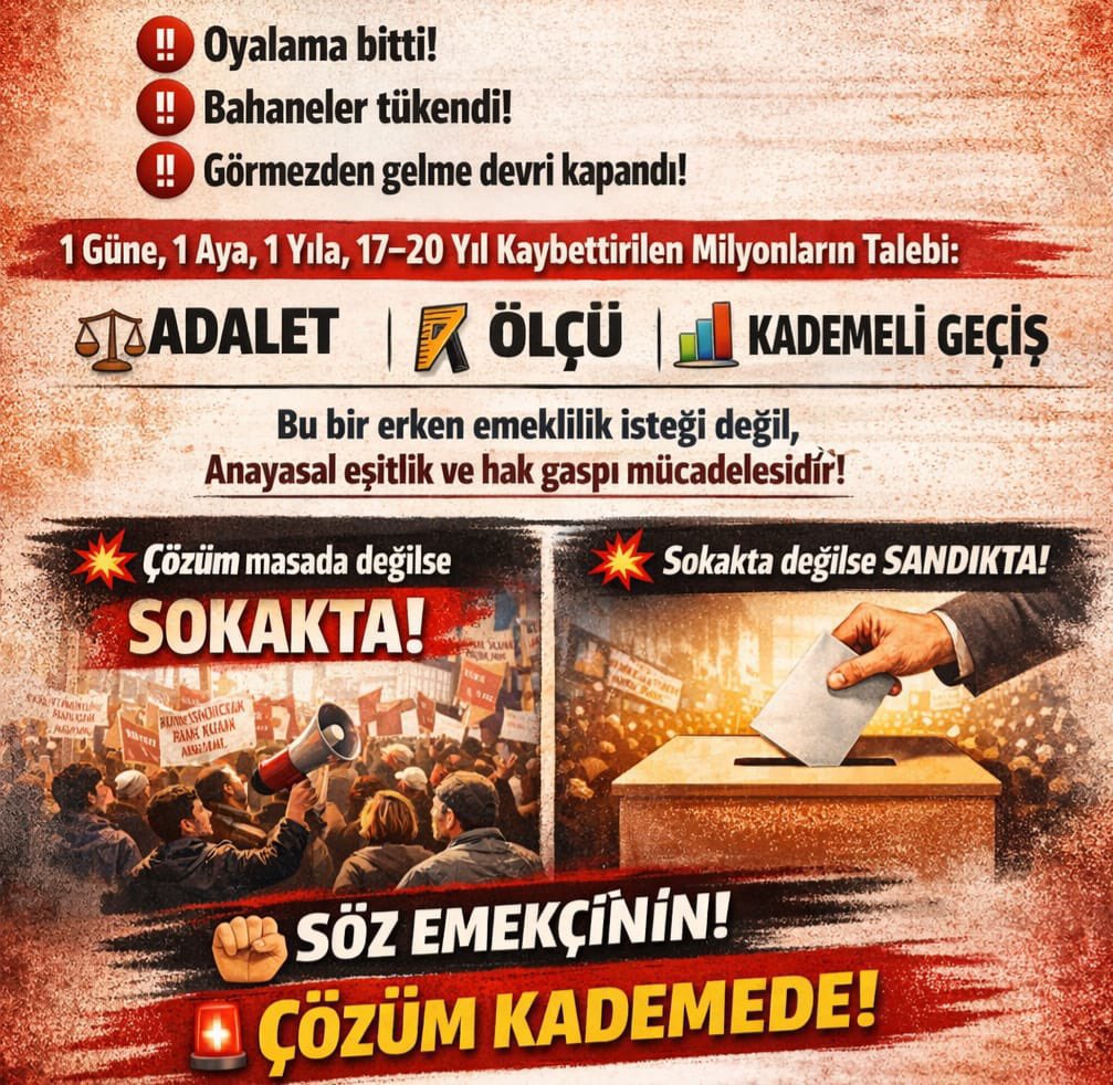 Vicdanlar ağır yaralı ❗️
SGK girişi 1️⃣gün geç olan yurttaşa 1️⃣7️⃣sene geç emekli olacaksın denildi 
👉Bu haksızlık
👉Adaletsizlik
👉Eşitsizlik son bulmalı
➡️Kademeli emeklilik gelmeli
<a href="/RTErdogan/">Recep Tayyip Erdoğan</a>
<a href="/_cevdetyilmaz/">Cevdet Yılmaz</a>
<a href="/isikhanvedat/">Prof. Dr. Vedat Işıkhan</a>
<a href="/eczozgurozel/">Özgür Özel</a>
<a href="/burhanduran/">Burhanettin Duran</a> 

#KademeBakanlıkta