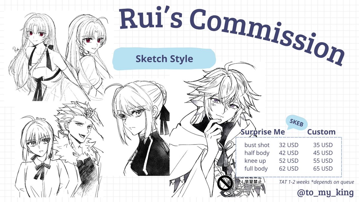 to_my_king's tweet photo. RUI COMMISSION OPEN ‼️
[RTs &amp; any interaction appreciated]

Hi! I have commissions open. TAT 1-4 weeks (depends on queue and complexity), if you're interested feel free to DM me! For now only accept payment via PayPal. More infos in reply ⬇️

#Commission #comms #commissionsopen https://t.co/H1NzhSGbzi