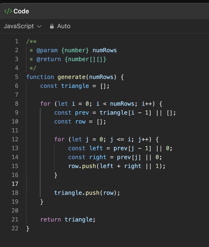 DevChawla04's tweet photo. Solved Pascal's Triangle Problem

Approach:- 
Start with an empty array to store all rows
Each row has i + 1 elements
Use previous row to calculate current values
Edge elements are always 1
Inner elements = sum of two values above (left + right)
Use 0 fallback when indices don’t exist
Push each row into the result
Return the full triangle