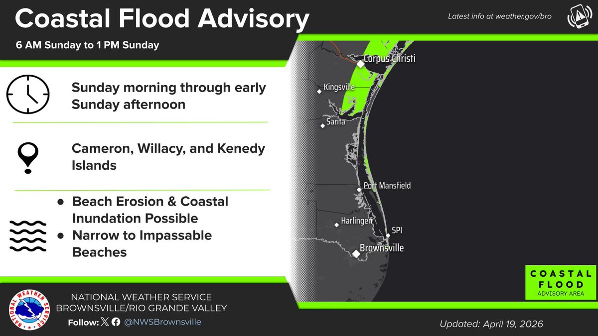 NWSBrownsville's tweet image. A Coastal Flood Advisory is in effect from 6 AM Sunday until 1 PM Sunday. Nuisance flooding around high tide may make beaches impassible to vehicles as water reaches into the dunes. #txwx #rgv #spi