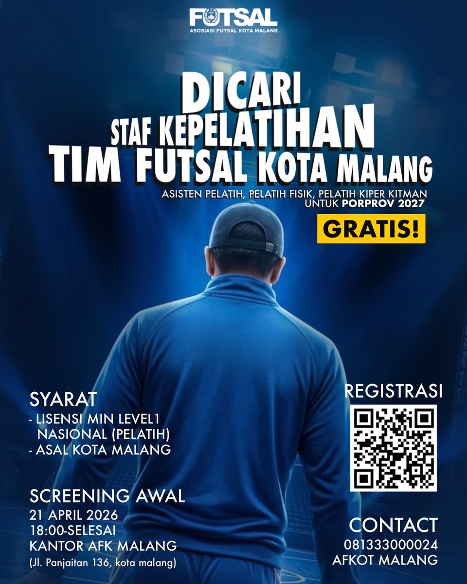 4EverInSports's tweet photo. #LokerInSports: Buat kamu orang Malang yang minat jadi pelatih futsal

Asosiasi Futsal Kota Malang sedang mencari kandidat staf kepelatihan untuk event PORPROV 2027

Kirim lamaranmu melalui:
📲 https://t.co/aQlvs0jzyV https://t.co/RJAebzjQd7