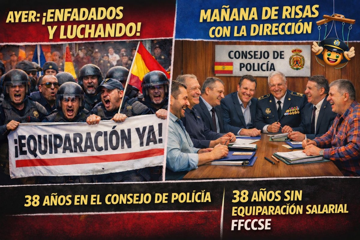 Las FCSE no están cansadas de luchar lo están de

📣Salir a la calle
para que al día siguiente
🪑Sindicatos estén sentados con la Dirección
👉Jornada Laboral Comisiones etc

⌛Mientras la #EquiparaciónYa nunca llega

39 años igual
De verdad sorprende?
👇🏻
elpais.com/espana/2026-04…