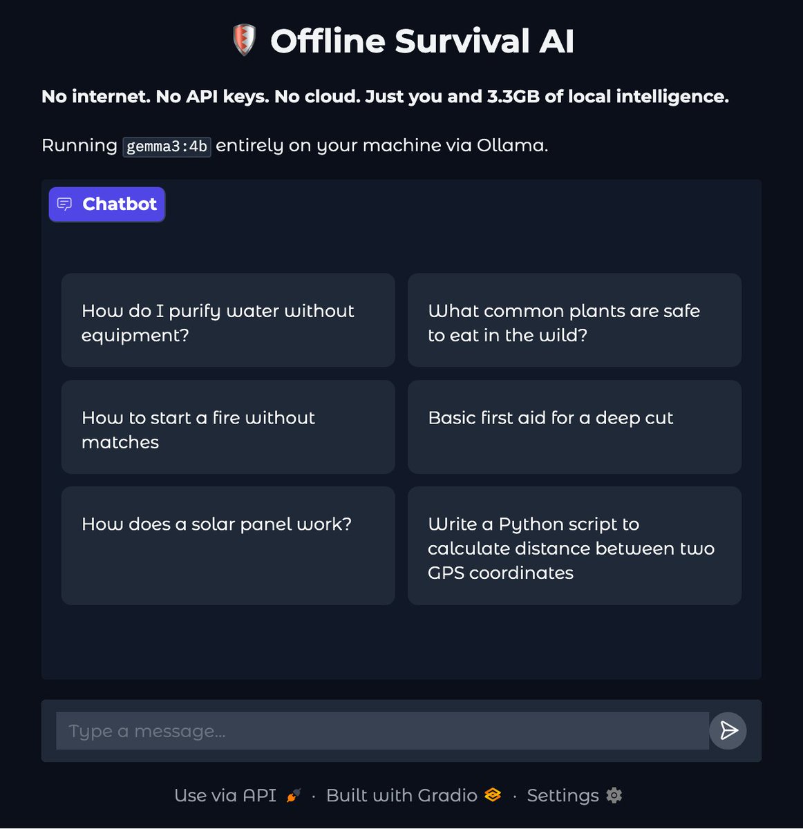 florinmakes's tweet photo. When the internet goes down, your ChatGPT subscription is worthless.
As a thought experiment I made a 50-line Python script that gives you an AI chat that runs entirely offline. https://t.co/B1ylDmqvSi
