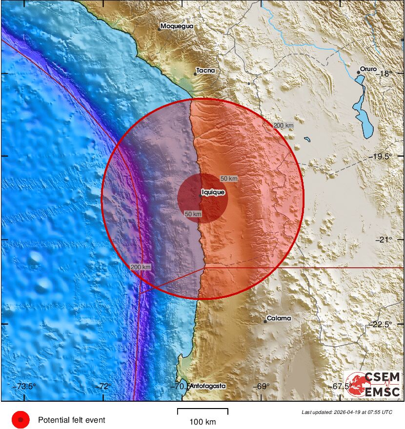 LastQuake's tweet image. #Earthquake (#sismo) possibly felt 6 sec ago in #Chile (detected from sismo.app). Felt it? Tell us via:
📱m.emsc.eu/#app
🌐m.emsc.eu
🖥emsc-csem.org
⚠ Automatic crowdsourced detection, not seismically verified yet. More info soon!