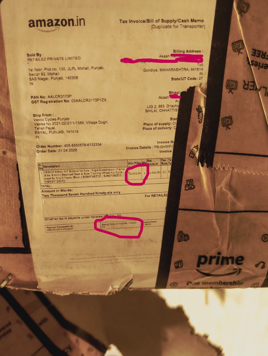ArtSal3's tweet image. Amazon sent a USED and INCOMPLETE bicycle for my 3-year-old daughter.

Missing parts, wrong specs, damaged packaging, even previous customer invoice still on the box.

Now I’m told to wait 2 weeks for refund.

Unacceptable.

@AmazonIN @amazon

#AmazonIndia #ConsumerRights