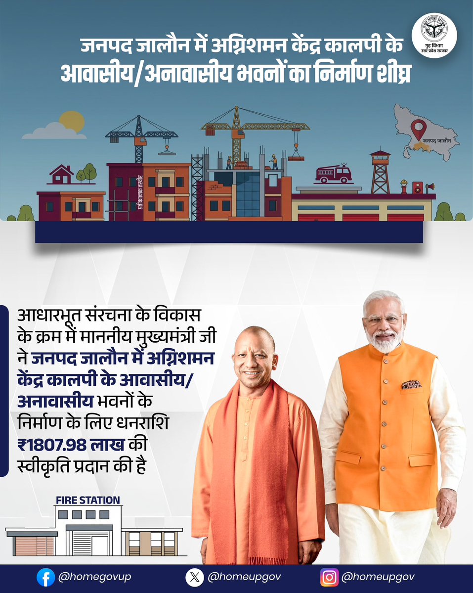 homeupgov's tweet image. आधारभूत संरचना के विकास के क्रम में #UPCM @myogiadityanath जी ने जनपद जालौन में अग्निशमन केंद्र कालपी के आवासीय/अनावासीय भवनों के निर्माण के लिए धनराशि ₹1807.98 लाख की स्वीकृति प्रदान की है।

@CMOfficeUP 
@UPGovt 
@sanjaychapps1 
@Uppolice 
@fireserviceup 
@jalaunpolice