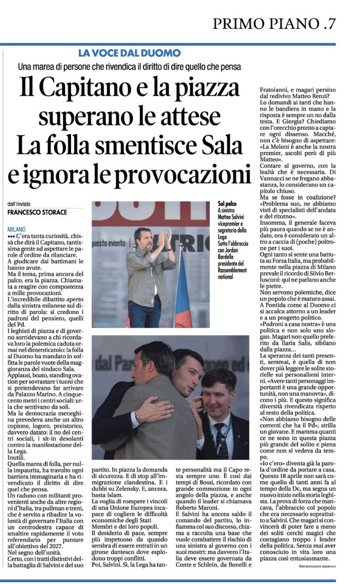 Storace's tweet image. Su #IlTempo quella piazza di #Milano con tanta gente carica di entusiasmo, altro che flop visto solo da chi non c’era. La #Lega ha riunito davvero tantissima gente mentre la sinistra distribuiva foto scattate prima della manifestazione…
E la #Storaciata di oggi è dedicata alla