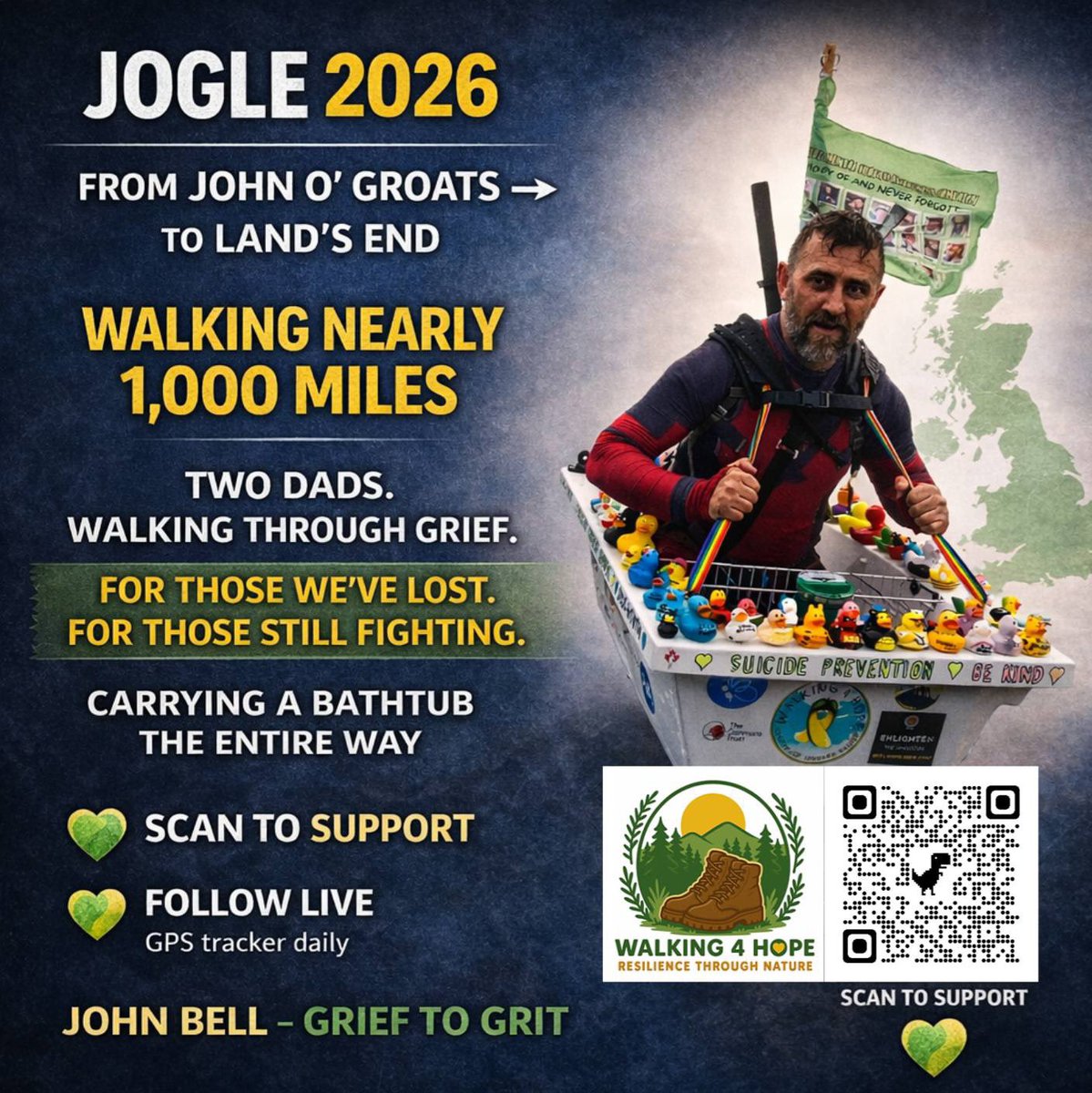 3dadswalking's tweet photo. Every step matters 
Our friend John Bell (Dadpool) &amp; his mate Graham are walking 1,000 miles from John O’Grouts to Lands End for suicide prevention. 

Please support them if you can:

https://t.co/ucEJl2dGXw https://t.co/N6ZyeWT661