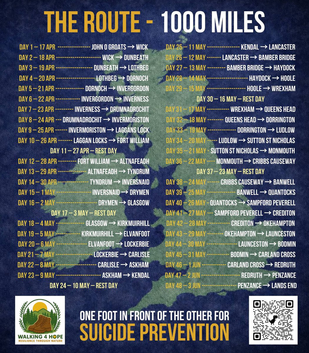 3dadswalking's tweet photo. Every step matters 
Our friend John Bell (Dadpool) &amp; his mate Graham are walking 1,000 miles from John O’Grouts to Lands End for suicide prevention. 

Please support them if you can:

https://t.co/ucEJl2dGXw https://t.co/N6ZyeWT661