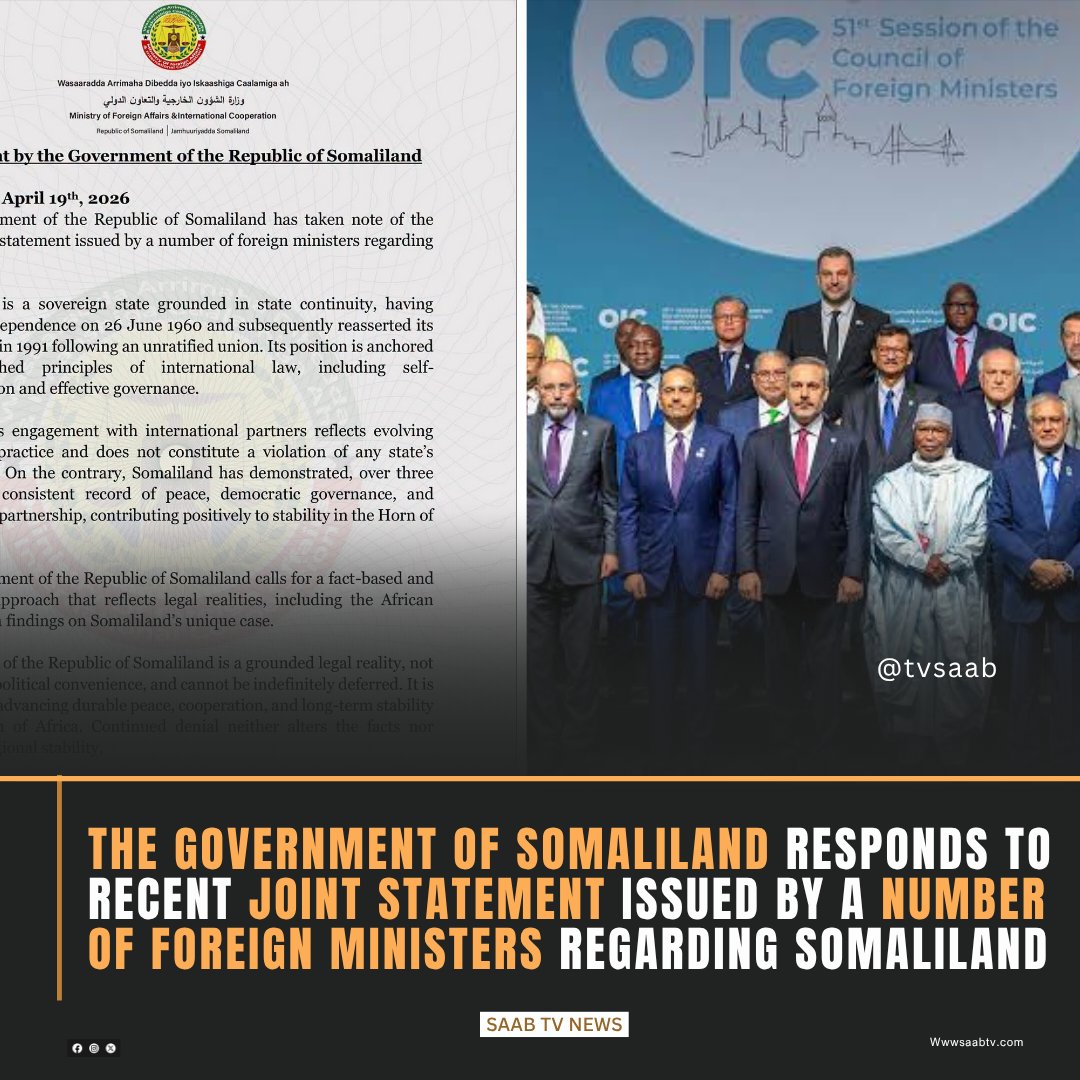 The Government of the Republic of #Somaliland has issued a formal response addressing a recent joint statement by foreign ministers. 

The press release issued by the Ministry of Foreign Affairs (<a href="/somalilandmfa/">MFA Somaliland</a>) firmly asserts Somaliland's status as a sovereign state, emphasizing