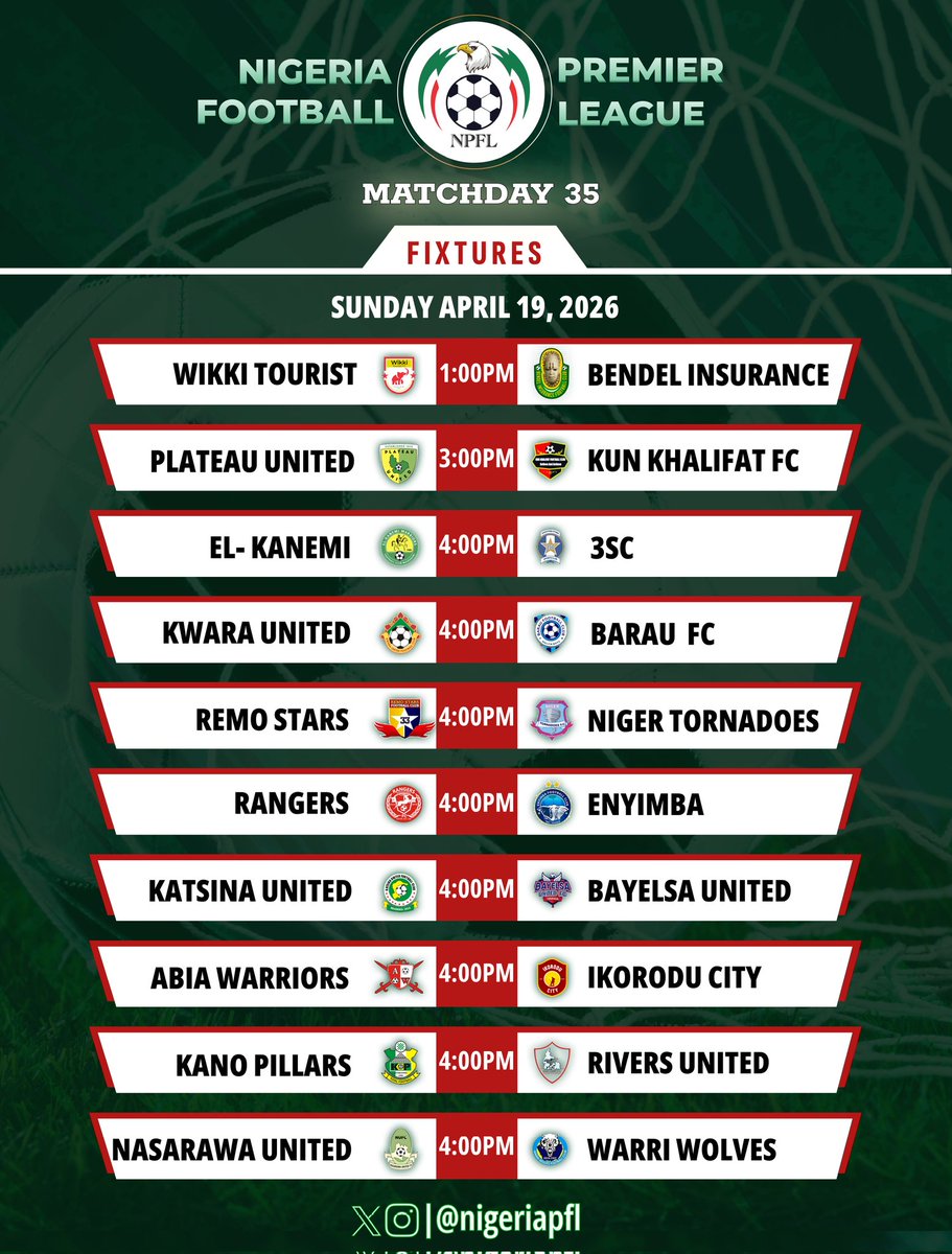 NigeriaPFL's tweet photo. A jam-packed Sunday...⚡

We’re ready to roll!

#WIKBEN
#PLAKUN
#ELKSHO
📺 #KWABAR
#REMTOR
📻 #RANENY
#KATBAY
#ABIIKD
#PILRIV
#NASWOL

📺 Watch LIVE on AfroSoccer DStv Channel 254
📻 Listen LIVE on @radionigeriahq

#NPFL26 https://t.co/fB9OgY4epy