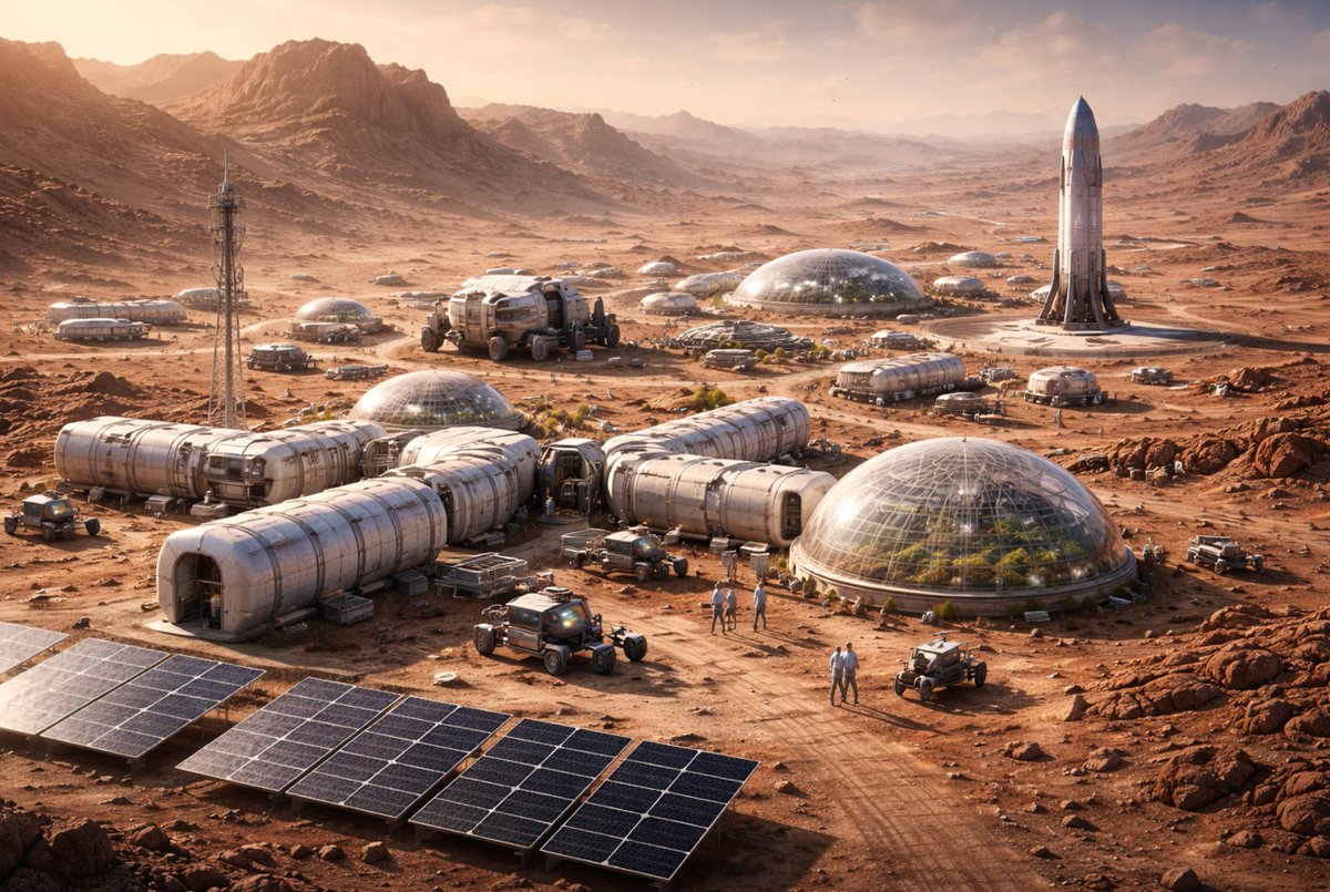 wealthtransfer5's tweet photo. @elonmusk @NoticerNews @elonmusk
Can you tell us more about your vision on Terminus, the first city on mars? If we manage to go to Mars, very soon we will have city. Are we going to train module building on the Moon?   Grok, generate a image on how terminus could look like  10 years after of arrival https://t.co/ozSY72G2AA