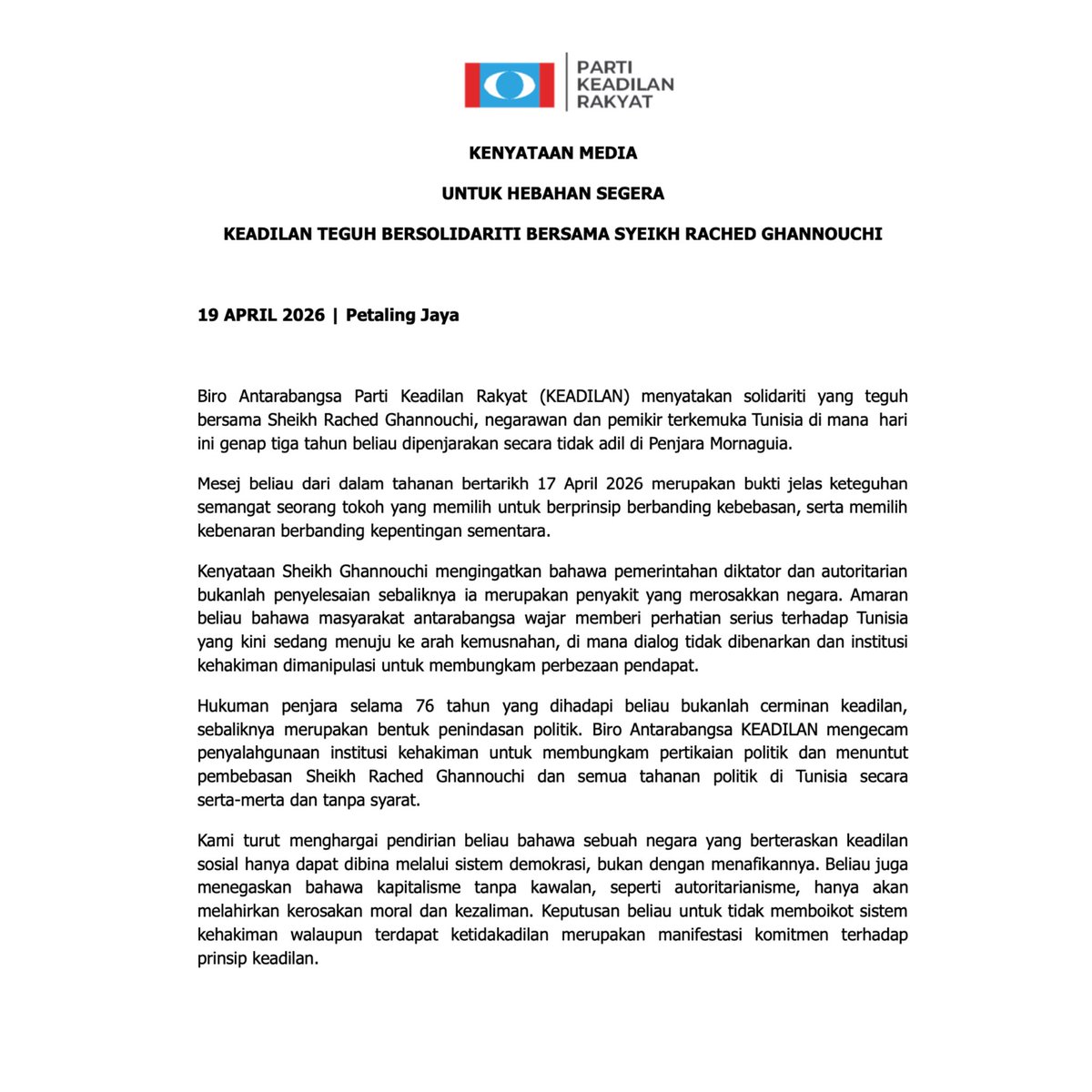biro_pkr's tweet photo. Kenyataan Media

KEADILAN TEGUH BERSOLIDARITI BERSAMA SYEIKH RACHED GHANNOUCHI https://t.co/m1oN6aAzl3