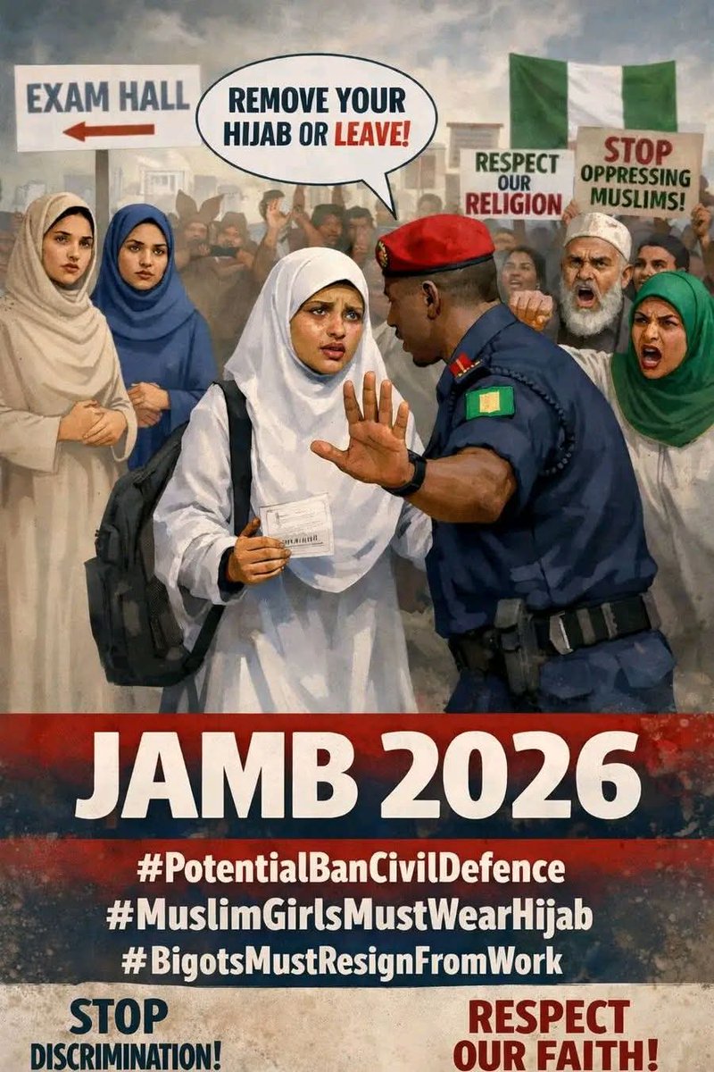 bmjvermerlleey's tweet photo. If tomorrow, institutions in the North announced that any woman wearing a miniskirt, “immodest” clothing, or without a hijab would be barred from sitting for JAMB, WAEC, or NECO, the reaction across the country would be immediate and intense. and rightly so.

Yet when Muslim girls in some parts of the South face challenges or restrictions over wearing the hijab during examinations, the response is often muted or inconsistent. That inconsistency raises serious concerns about fairness and equal protection of religious rights.

Religious freedom should not be selective. Whether it involves dressing modestly according to one’s faith or wearing a hijab, the principle should remain the same: no student should be denied access to education or examinations because of their religious expression.