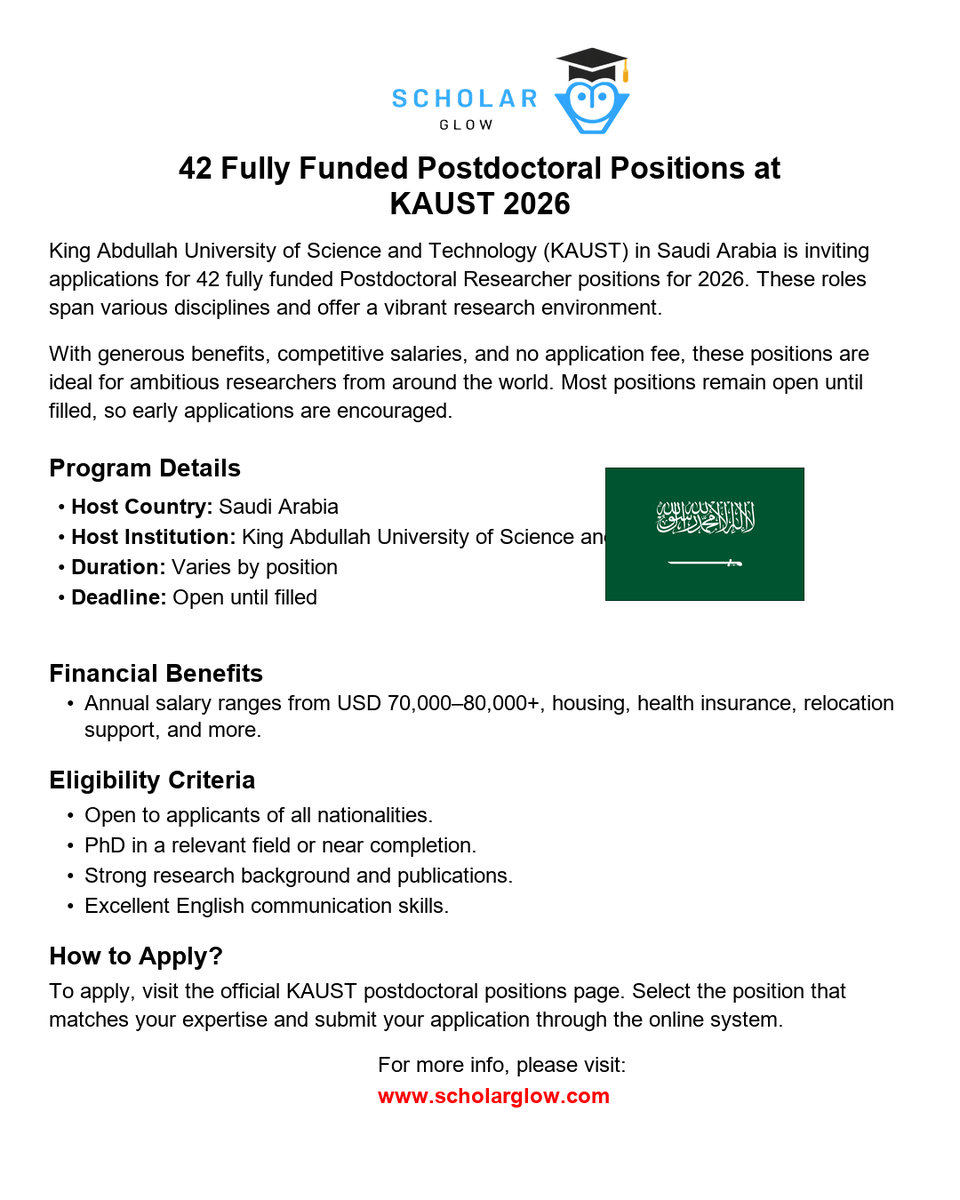 scholarglow's tweet image. 🇸🇦🚀 42 Fully Funded Postdoctoral Positions at KAUST 2026

📅 Open until filled
⏳ Deadline: Open until filled

More details:
scholarglow.com/42-fully-funde…

#Postdoctoral #Research #FullyFunded #KAUST #Scholarship #Science
