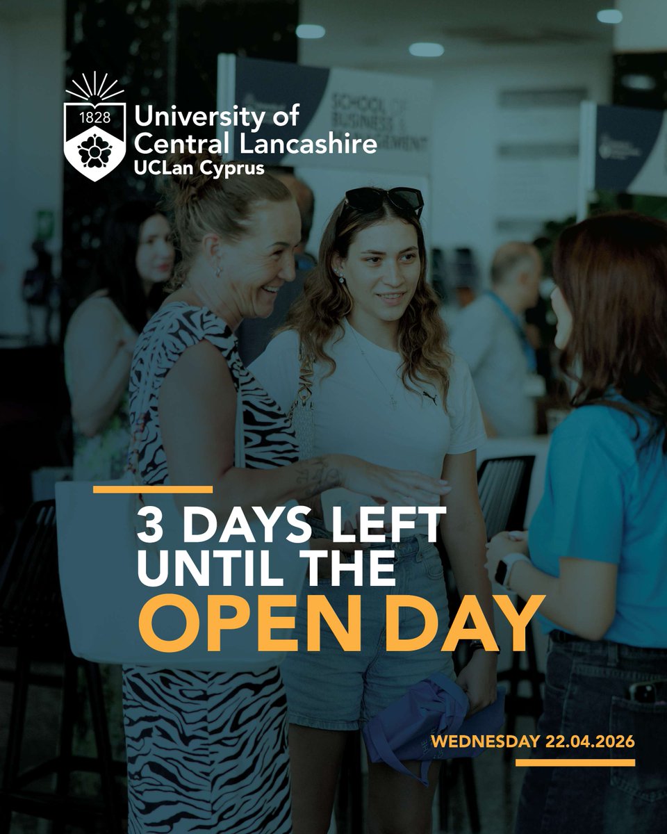 UCLanCyprus's tweet photo. 3 days left until OPEN DAY! The countdown is on!
On Wednesday 22 April 2026 from 15:00 to 19:00, our Larnaca campus will open its doors for you to step into the world of UCLan Cyprus.

Your next chapter is closer than you think 🌍

#UCLanCyprus #OpenDay #MoreThanAUniversity https://t.co/mge4E8nSSd