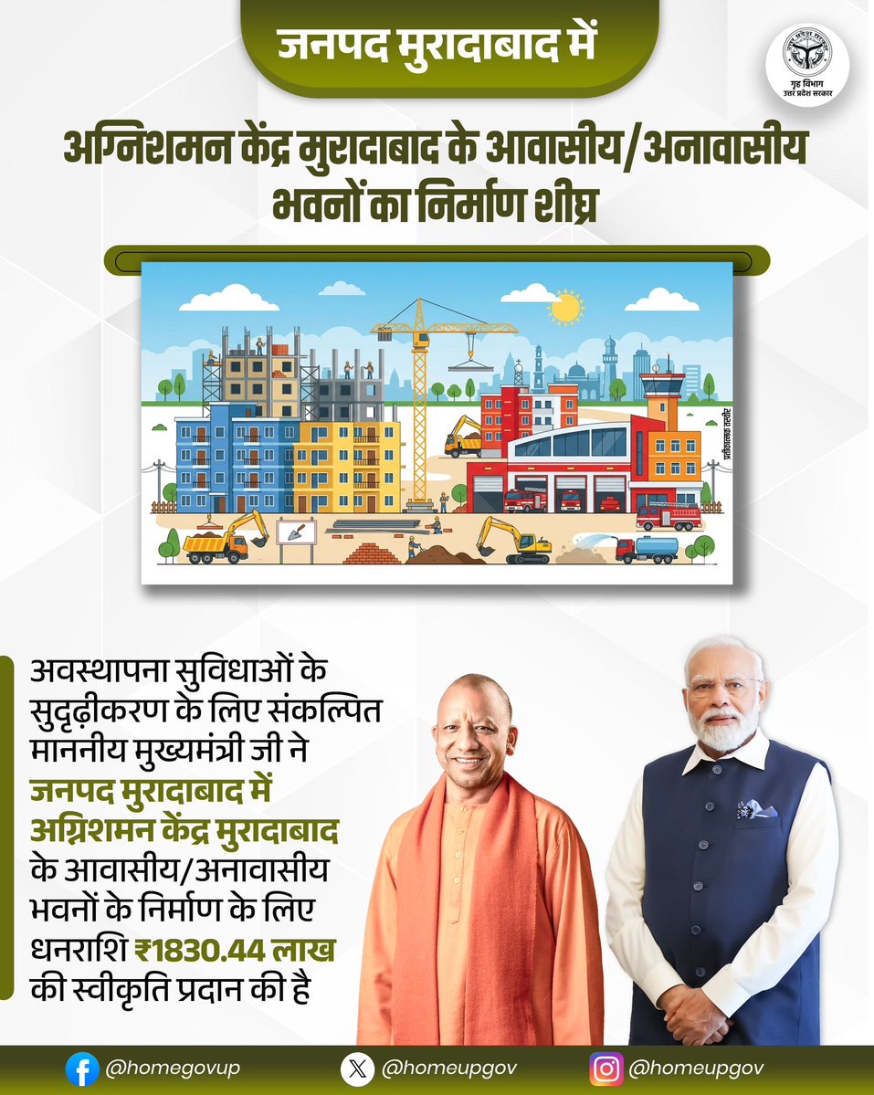 homeupgov's tweet image. अवस्थापना सुविधाओं के सुदृढ़ीकरण के लिए संकल्पित #UPCM @myogiadityanath जी ने जनपद मुरादाबाद में अग्निशमन केंद्र मुरादाबाद के आवासीय/अनावासीय भवनों के निर्माण के लिए धनराशि ₹1830.44 लाख की स्वीकृति प्रदान की है।

@CMOfficeUP 
@UPGovt 
@sanjaychapps1 
@Uppolice 
@fireserviceup