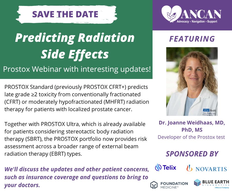 ancan501c3's tweet image. Predicting Radiation Side Effects: Prostox Webinar With Interesting Updates
Join us for our next PCa webinar on 4/27 at 7pm ET. We'll discuss the updates and other patient concerns, such as insurance coverage and questions to bring to your doctors. 
#prostatecancer #webinar