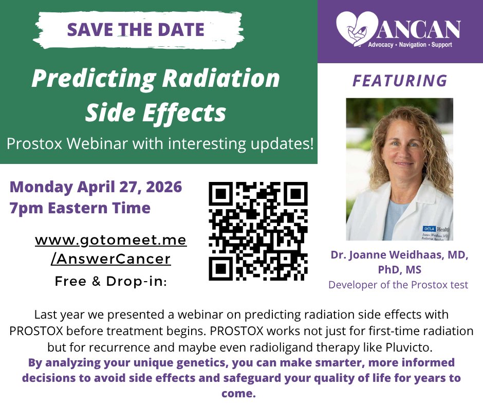 ancan501c3's tweet image. Predicting Radiation Side Effects: Prostox Webinar With Interesting Updates
Join us for our next PCa webinar on 4/27 at 7pm ET. We'll discuss the updates and other patient concerns, such as insurance coverage and questions to bring to your doctors. 
#prostatecancer #webinar