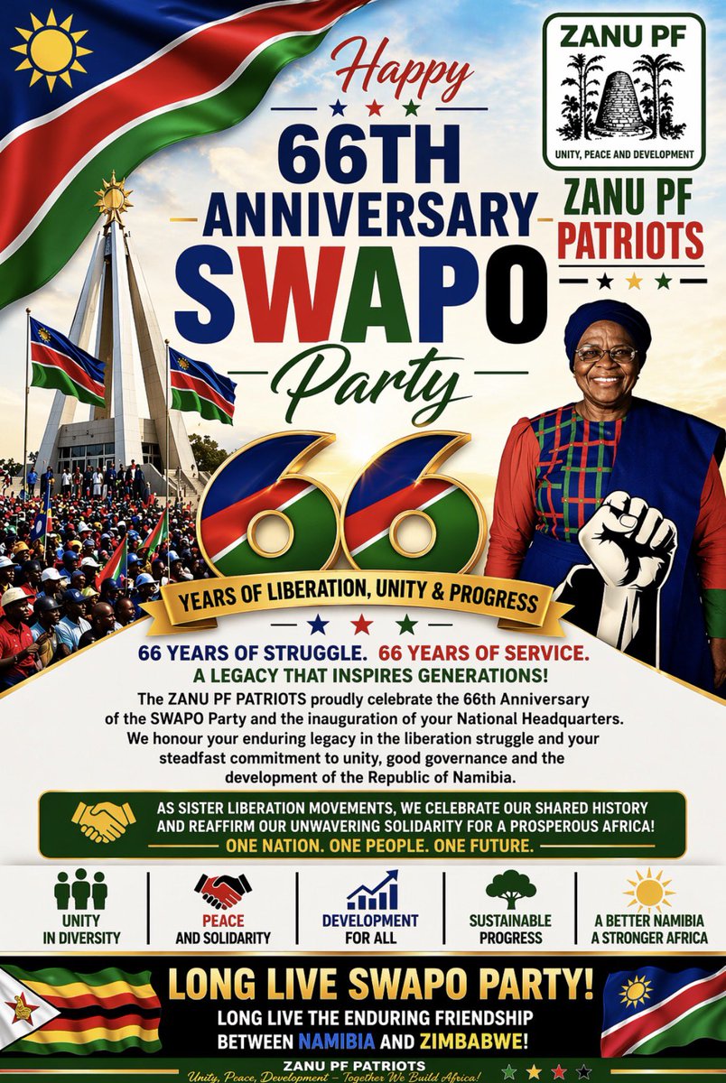 zanupf_patriots's tweet image. SWAPO @ 66: A Legacy of Liberation &amp;amp; Unity‼️

ZANU PF PATRIOTS salute SWAPO Party on its 66th Anniversary. Celebrating shared history, unity and continued progress.

#SWAPO66 #Solidarity #Namibia #Zimbabwe
@ngurare @NShaningwa @SWAPOPRESIDENT @SWAPONamibia