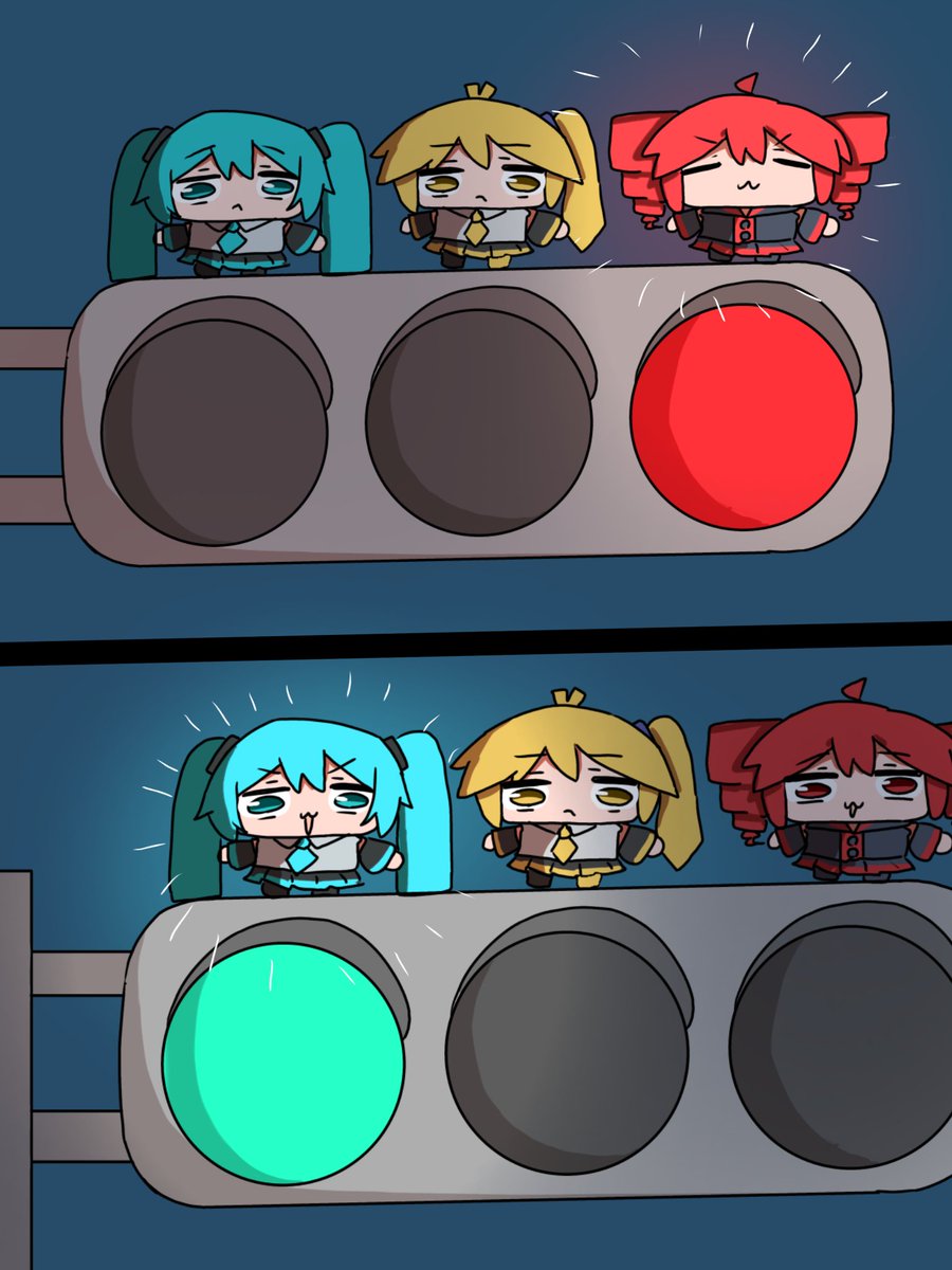 信号機のまねをするちびテトたち