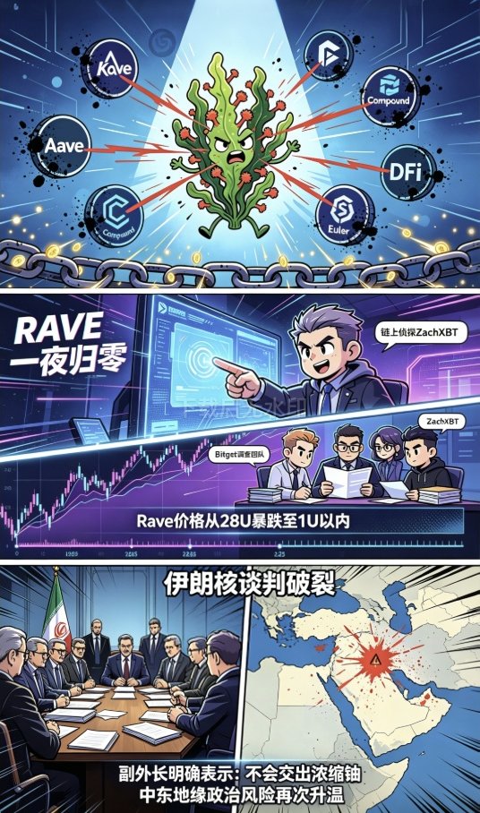 Bunnybtc100's tweet photo. 今天币圈发生了三件大事：

第一，Kelp被攻击，坏账蔓延Aave、Compound、Euler 等 DeFi ，链上资金大撤退。

第二，RAVE 一夜归零，
链上侦探 ZachXBT公开点名，随后Bitget介入调查。Rave直接从28跌到1U以内。

第三，伊朗核谈判破裂，中东风险升温。
伊朗核谈判破裂，副外长明确表示：不会交出浓缩铀。这意味着中东地缘政治风险再次升温。

行情不是跌出来的，是信心被击穿出来的。