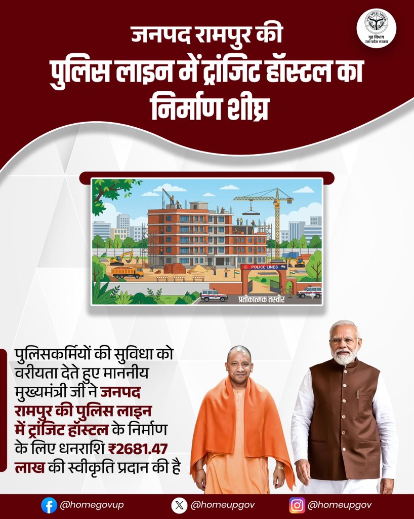 homeupgov's tweet image. पुलिसकर्मियों की सुविधा को वरीयता देते हुए #UPCM @myogiadityanath जी ने जनपद रामपुर की पुलिस लाइन में ट्रांजिट हॉस्टल के निर्माण के लिए धनराशि ₹2681.47 लाख की स्वीकृति प्रदान की है।

@CMOfficeUP 
@UPGovt 
@sanjaychapps1 
@Uppolice 
@rampurpolice
