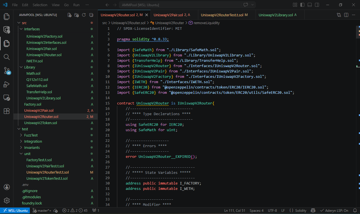 0xNicos's tweet photo. Just finished building a V2 style AMM.

Learned how constant product math behaves in practice, how rounding errors affect swaps, how storage slot layout impacts safety, and how @Uniswap  handled overflow before Solidity made checks default.

Next: @CyfrinUpdraft security course. https://t.co/Y8szcOxmLz