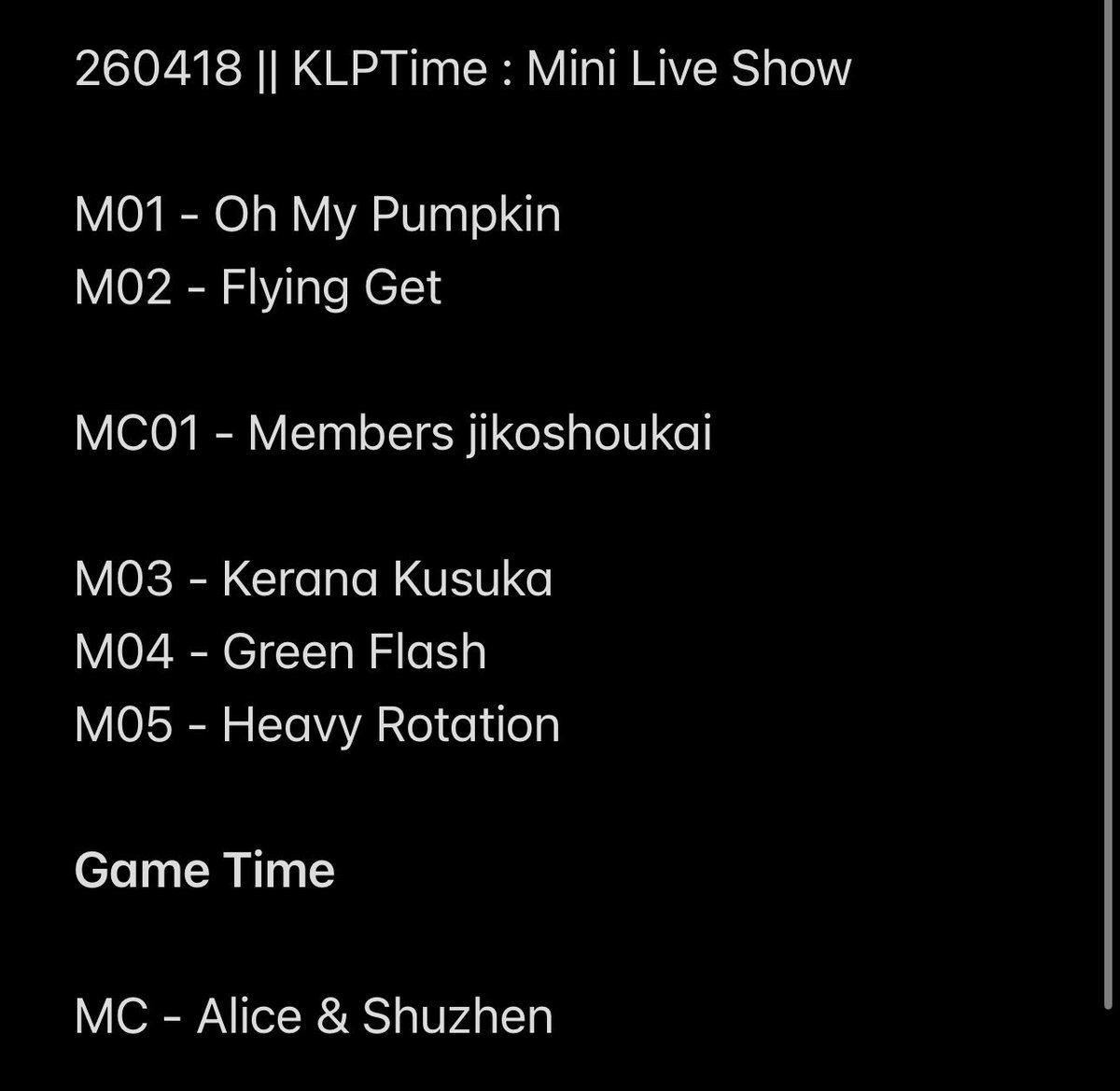 KLP48Now's tweet photo. [Theater 𝚛𝚎𝚙𝚘𝚛𝚝🎙️] 

260418 || KLPTime : Minilive Show

Lineup as the poster

#TimeForKLP #KLP48 https://t.co/Z0tbZe10uW