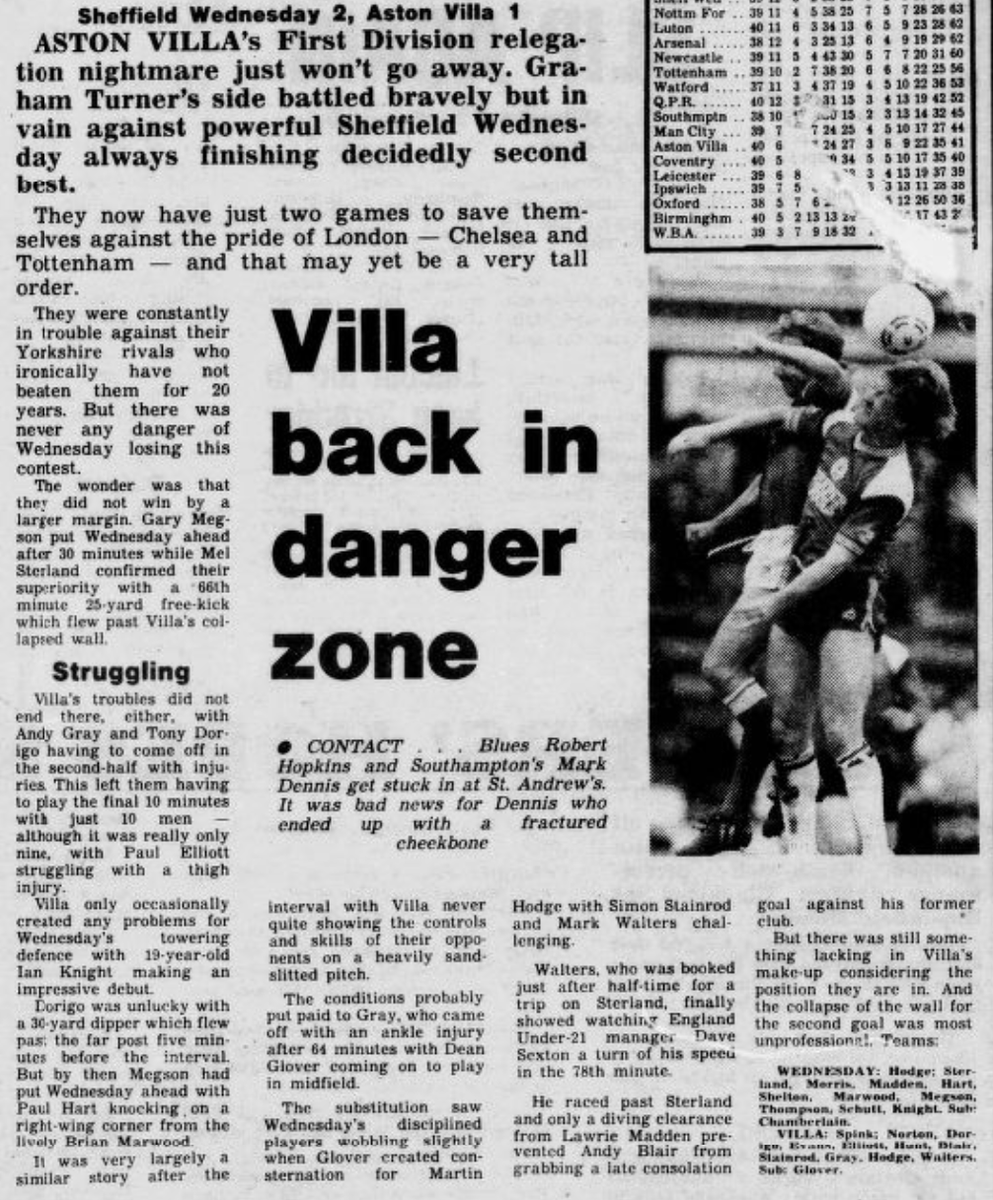 Dunsbyowl's tweet photo. #onthisday 40 years ago, Wednesday were 6th in Division 1 after beating @AVFCOfficial 2-0 at Hillsborough in front of 19,782 #swfc goals Gary Megson& Mel Sterland #UTO #SheffieldDouble https://t.co/j92AQfSuuT