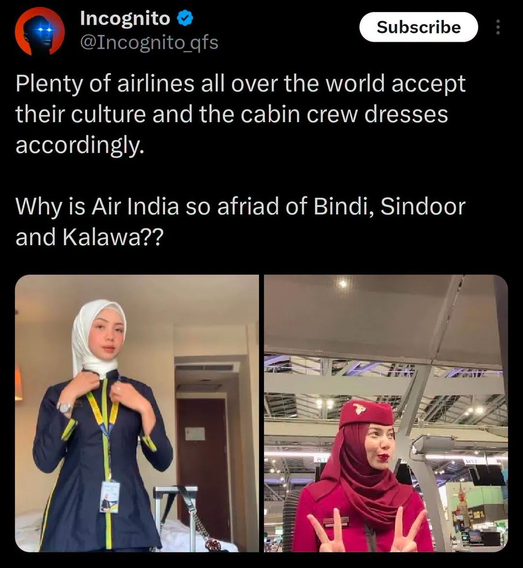 Sankarant6982's tweet image. @airindia @AirIndiaX 

Global airlines frequently accommodate cultural practices in their dress code policies. 

Why does Air India not allow certain cultural symbols such as Bindi, Sindoor, and Kalawa?

#airindia #bindi #sindoor #ReligiousSymbols #hinduism #HinduCulture