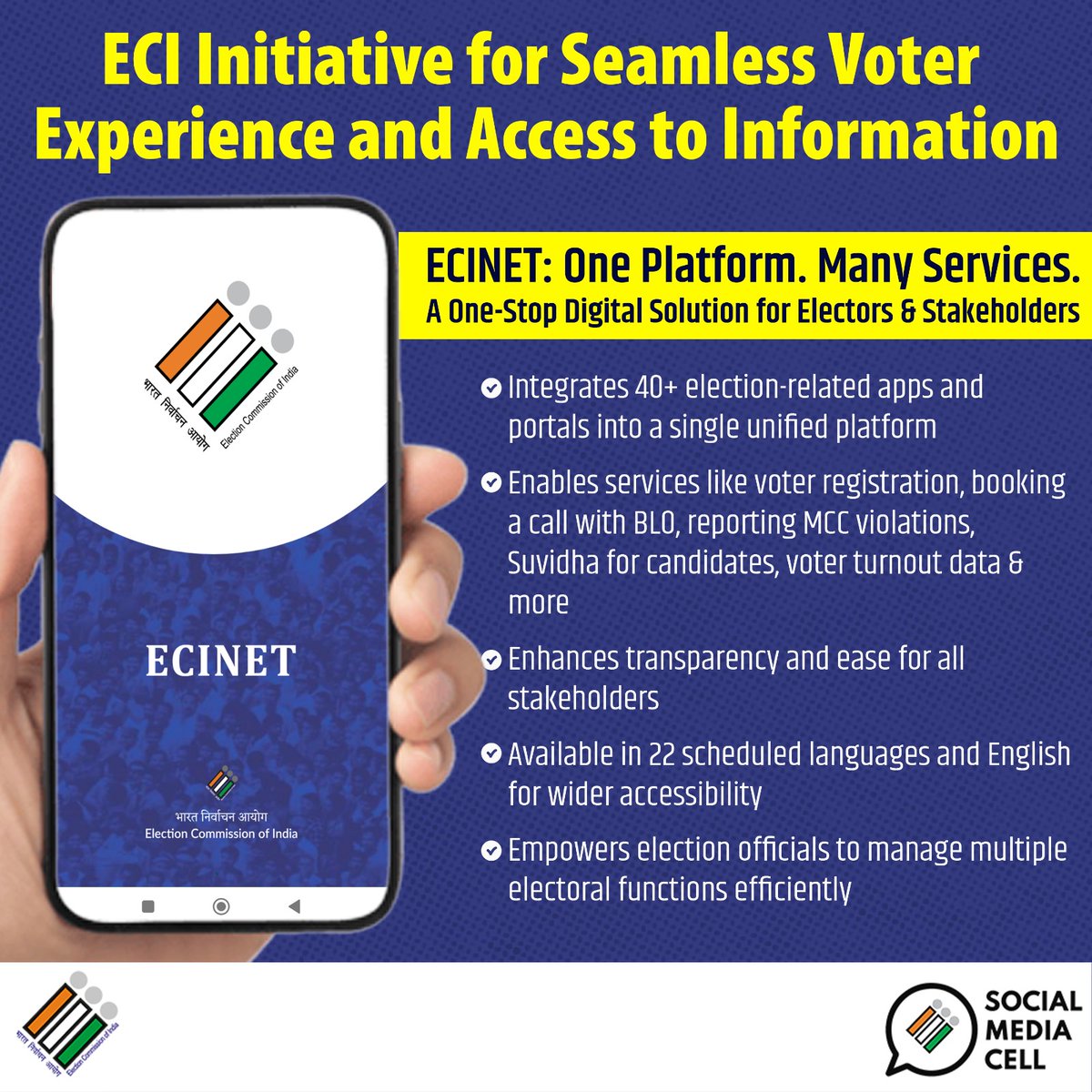ECISVEEP's tweet photo. #ECIInitiatives

ECINET: One Platform, Many Services

Bringing 40+ election services into a single, seamless digital platform, making voter access simpler, faster, and more transparent. From voter registration to essential election services, everything is now just a click away.

Empowering voters. Strengthening democracy.

#ECI #Elections2026